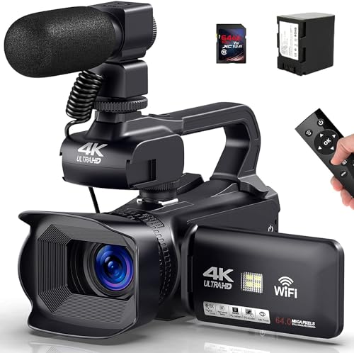 Videokamera 4K Camcorder HD 64MP 18X Digitalzoom Autofokus Vlogging Kamera für YouTube, 60FPS Webcam Camera WiFi Videokamera mit 4500mAh Akku, SD-Karte, Stabilisator, Mikrofon und 2,4G Fernbedienung von PITIKI