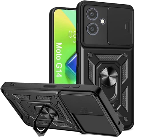 PIXFAB Für Motorola G14 Hülle, Stoßfeste Hülle mit Kameraobjektivschutz, Schutzring Rüstung Handyhülle [Kickstand], Dual Layer Shock Absorption Handyhülle für Motorola Moto G14 - Schwarz von PIXFAB
