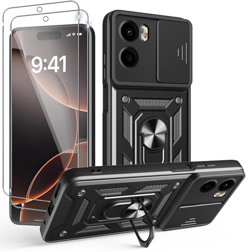 PIXFAB für Motorola G05 / Motorola E15 Hülle mit 2 x Schutzfolie aus gehärtetem Glas, Stoßfeste Hülle mit Kameraobjektivschutz, Schutzring Rüstung Handyhülle [Kickstand] - Schwarz von PIXFAB