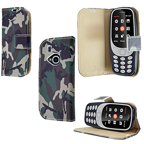 Schutzhülle für Nokia 3310 (2G) 2017, Leder, Brieftaschenformat, hochwertig, magnetisch, mit Standfunktion – Camouflage, Armee, Militär-Druck von PIXFAB