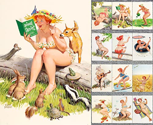 Duane Bryers Hilda Chubby Pinup Mädchen Grußkarten 12 große Karten ~ Hilda Love Nature ~ Übergröße Sexy Pinup Modell im floralen Badeanzug lustige Vintage Cartoons von PIXILUV