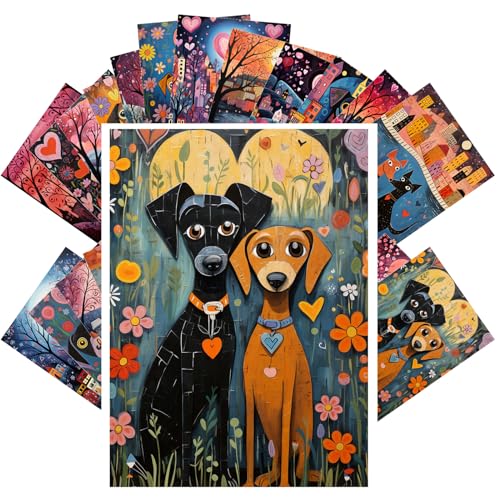 PIXILUV Romantisches Rendezvous: Herzerwärmende Hundegefährten in idyllischen bunten Aussichten – Naive Art Postkarten-Sammlung von Liebe und Freundschaft von PIXILUV