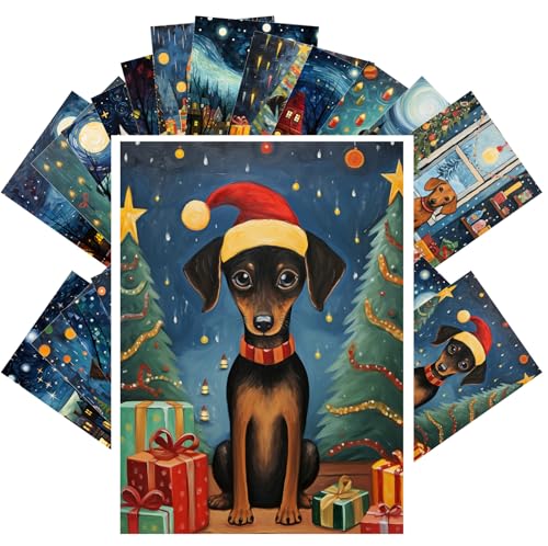 PIXILUV Skurrile Winternächte: Festliche Hunde und Sternenhimmel – ein charmantes, lebendiges Postkarten-Set, das gemütliche saisonale Magie im ausdrucksstarken Volkskunst-Stil feiert von PIXILUV