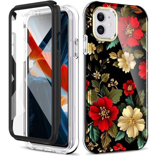 PIXIU DT Series Schutzhülle für iPhone 11, mit Displayschutzfolie, leicht und stilvoll, stoßfest, robuste TPU-Schutzhülle für Apple iPhone 11, 15,5 cm (6,1 Zoll), rote Blume von PIXIU
