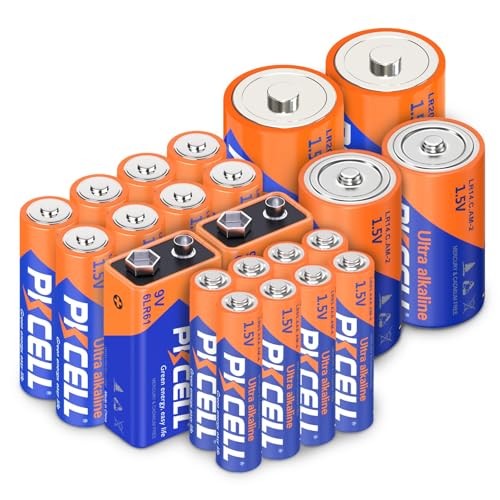 PKCELL 22 Stück Alkaline-Batterien, 8 Stück AA-Batterien, 8 Stück AAA-Batterien, 2 Stück C-Batterien, 2 Stück D-Batterien und 2 Stück 9V-Batterien für Haushaltselektronik von PKCELL