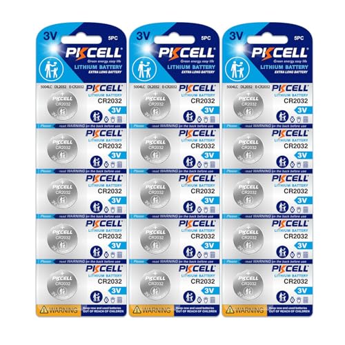 PKCELL CR2032 Knopfzelle Lithium Batterien 3,0 V 210 mAh für Autoschlüssel, kleine Fernbedienung, Waage, 15 Stück von PKCELL