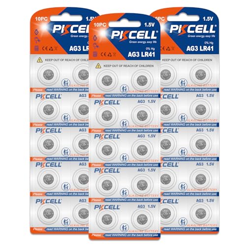 PKCELL Knopfzellen LR41/Ag3, 1,5 V Alkaline Batterie, für Fieberthermometer, Teelichter, 30 Stück PKCELL Knopfzellen LR41/Ag3, 1,5 V Alkaline Batterie, für Fieberthermometer, Teelichter, 30 Stück von PKCELL