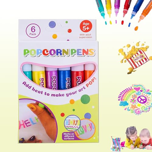 PKKP 6 Stück Magic Puffy Pens, 3D Popcorn Pens, DIY Bubble Popcorn Drawing Pens, Puffys Bubble Pen, Magischer Popcornstift, 3D Stifte für Kinder, Weihnachtsgeschenke zum Geburtstag für Kinder von PKKP