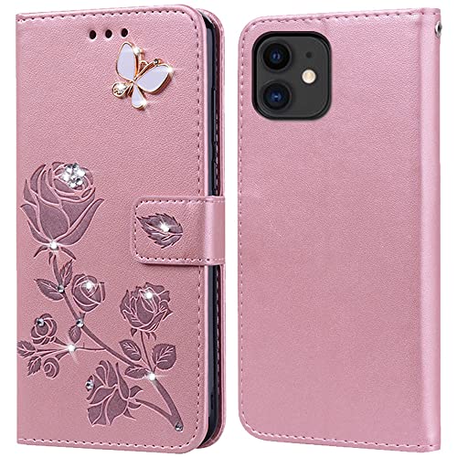 PKQTOP Hülle für iPhone 12 Mini Handyhülle,Klappbar Tasche Case,Standfunktion,Kartenfach,Silikon Bumper,Stoßfeste Schutzhülle Cover für iPhone 12 Mini(5.4") Pink+Butterfly von PKQTOP