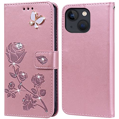 PKQTOP Hülle für iPhone 13 Mini Handyhülle,Klappbar Tasche Case,Standfunktion,Kartenfach,Silikon Bumper,Stoßfeste Schutzhülle Cover für iPhone 13 Mini(5.4") Pink+Butterfly von PKQTOP