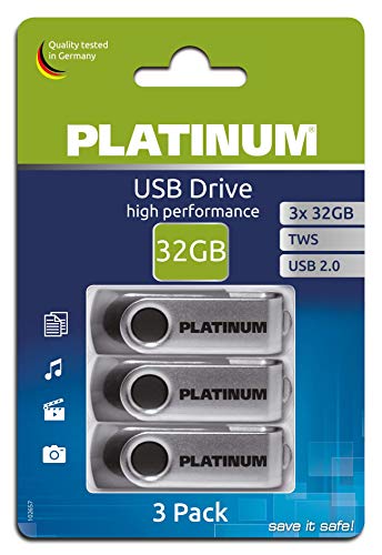 PLATINUM TWS USB-Stick 32 GB 3-Pack USB 2.0 USB-Flash-Laufwerk - 3er Pack Speicher-Stick in schwarz-Silber inkl. Öse zur Befestigung am Schlüsselanhänger von PLATINUM