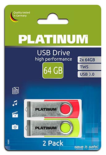 PLATINUM TWS USB-Stick 64 GB Doppel-Pack USB 3.0 USB-Flash-Laufwerk - 2er Pack Speicher-Stick in neon-Silber inkl. Öse zur Befestigung am Schlüsselanhänger PLATINUM TWS USB-Stick 64 GB Doppel-Pack USB 3.0 USB-Flash-Laufwerk - 2er Pack Speicher-Stick in neon-Silber inkl. Öse zur Befestigung am Schlüsselanhänger von PLATINUM