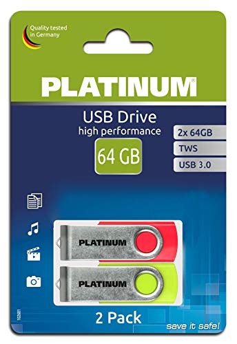 Platinum TWS USB-Stick 64 GB Doppel-Pack USB 3.0 USB-Flash-Laufwerk - 2er Pack Speicher-Stick in neon-Silber inkl. Öse zur Befestigung am Schlüsselanhänger von PLATINUM