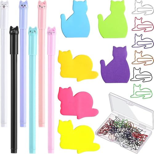 CATS THEMENED STISTION STIPERY SET 6 Farbes Notizpapier 30 Metallpapierklamme 6 Gel Stift Für Kinder Zurück In Die Schulmaterial von PLCPDM