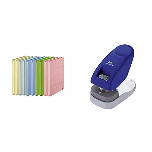 PLUS Japan, Zero Max Platzsparordner farbig sortiert, 10er Pack (1 x 10 Ordner) & Klammerloser Hefter Schreibtischmodell in Blau, Heftleistung 10 Blatt, 1er Pack (1 x 1 Hefter) von PLUS JAPAN