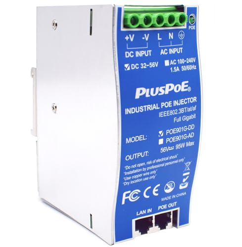 Gigabit Industrial PoE++ Injector 95W IEEE 802.3BT/at/af konform, Eingang DC32-56V gehärteter High Power PoE Adapter mit DIN-Schienenhalterung von PLUSPOE