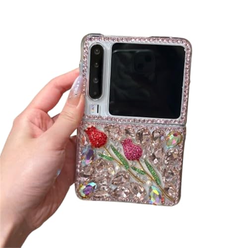 PLXBYC Glänzende Schutzhülle für Huawei Pura X, niedlich, modisch, funkelnde Rose, Tulpe, Diamant-Perlen-Design, Pura X, faltbare Handyhülle für Damen, Mädchen, Damen (Tulpe) von PLXBYC