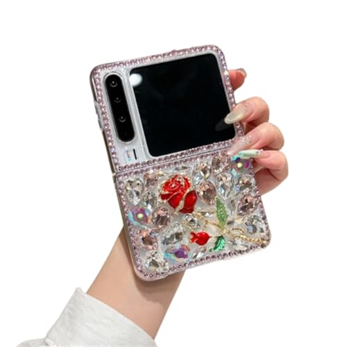 PLXBYC Glänzende Schutzhülle für Huawei Pura X, niedlich, modisch, funkelnde Rose, Tulpe, Diamant-Perlen-Design, Pura X, faltbare Handyhülle für Damen, Mädchen, Damen (rote Rose) von PLXBYC