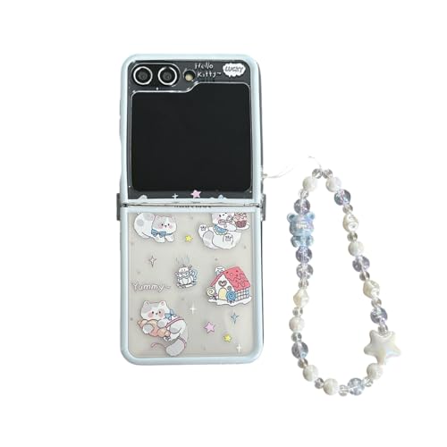 PLXBYC Kawaii-Schutzhülle für Samsung Galaxy Z Flip 6, niedliches Cartoon-Tiermuster, faltbare Handyhülle für Galaxy Z Flip 5, mit Perlen-Handgelenkkette für Mädchen (Z Flip 5, Katze) von PLXBYC