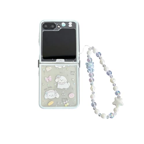 PLXBYC Kawaii-Schutzhülle für Samsung Galaxy Z Flip 6, niedliches Cartoon-Tiermuster, faltbare Handyhülle für Galaxy Z Flip 5, mit Perlen-Handgelenkkette für Mädchen (Z Flip 6, Welpe) von PLXBYC