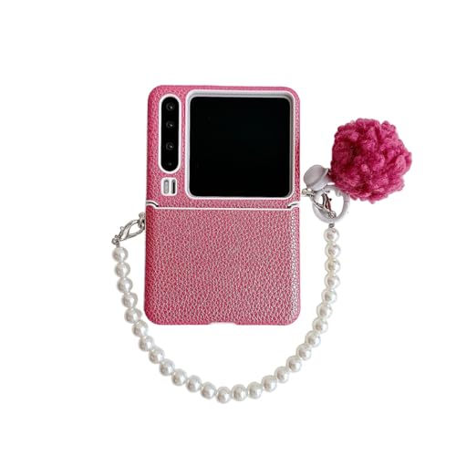 PLXBYC Niedliche Lederhülle, kompatibel mit Huawei Pura X für Mädchen und Damen, bonbonfarbenes Rückseitendesign, Pura X Falt-Handyhülle mit Plüschperlen-Handgelenkkette (rot) von PLXBYC