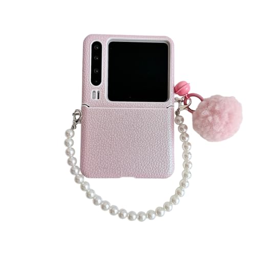 PLXBYC Niedliche Lederhülle, kompatibel mit Huawei Pura X für Mädchen und Frauen, bonbonfarbenes Rückseitendesign, Pura X Falt-Handyhülle mit Plüschperlen-Handgelenkkette (Rosa) von PLXBYC