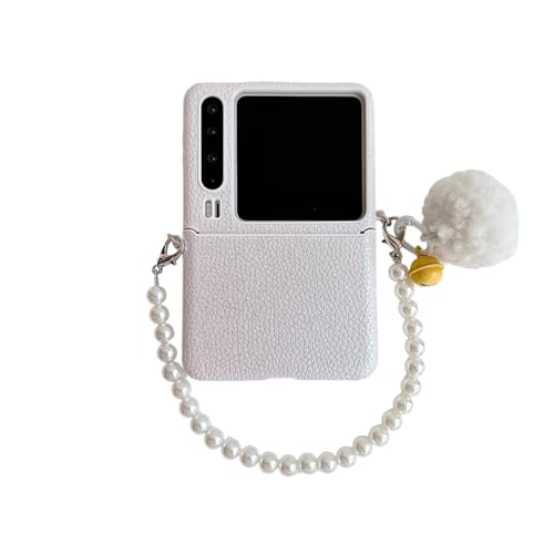 PLXBYC Niedliche Lederhülle, kompatibel mit Huawei Pura X für Mädchen und Frauen, bonbonfarbenes Rückseitendesign, Pura X Falt-Handyhülle mit Plüschperlen-Handgelenkkette (Weiß) von PLXBYC
