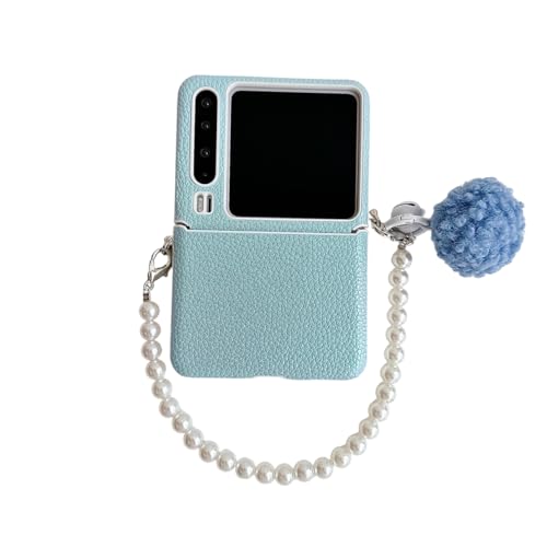 PLXBYC Niedliche Lederhülle, kompatibel mit Huawei Pura X für Mädchen und Frauen, bonbonfarbenes Rückseitendesign, Pura X Falt-Handyhülle mit Plüschperlen-Handgelenkkette (grün) von PLXBYC