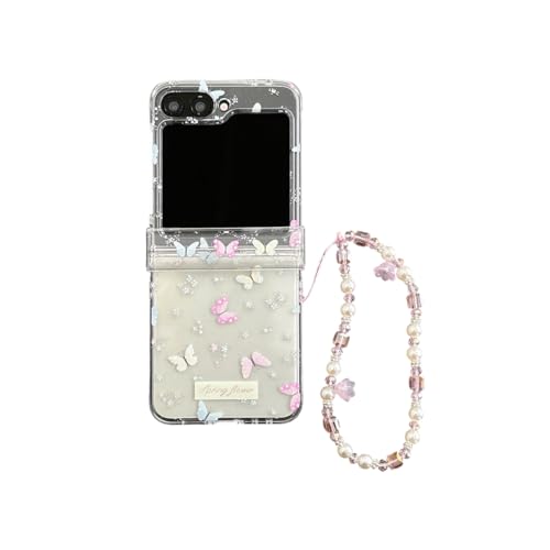 PLXBYC Niedliche Schutzhülle für Samsung Galaxy Z Flip 5/6 mit Handgelenkkette, buntes Schmetterlings-Blumenmuster, Schutzhülle Z Flip6, transparente Handyhülle für Mädchen und Frauen (Z Flip 6 PLXBYC Niedliche Schutzhülle für Samsung Galaxy Z Flip 5/6 mit Handgelenkkette, buntes Schmetterlings-Blumenmuster, Schutzhülle Z Flip6, transparente Handyhülle für Mädchen und Frauen (Z Flip 6 von PLXBYC