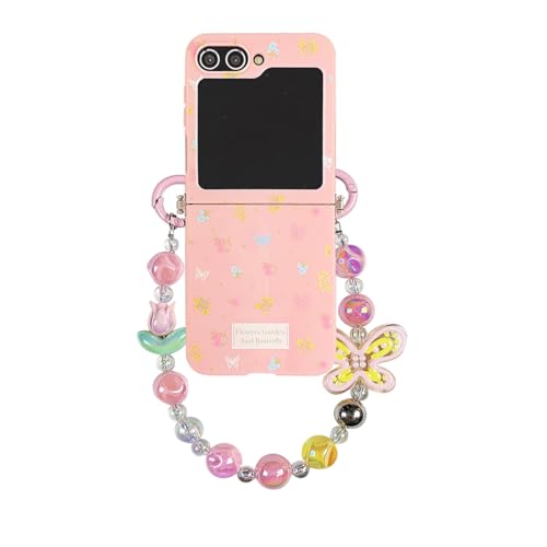 PLXBYC Niedliche Schutzhülle für Samsung Galaxy Z Flip 6, buntes Schmetterlings-Design, faltbare Handyhülle mit Perlen-Handgelenkkette für Damen, Mädchen (Z Flip 5) von PLXBYC