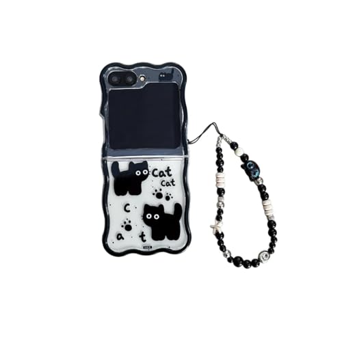 PLXBYC Schutzhülle für Samsung Galaxy Z Flip 5/6, Cartoon-Motiv schwarze Katzen, transparent, faltbar, mit Schlüsselanhänger für Damen und Mädchen, niedliche Galaxy Z Flip 6 Hülle (Z Flip 6) von PLXBYC