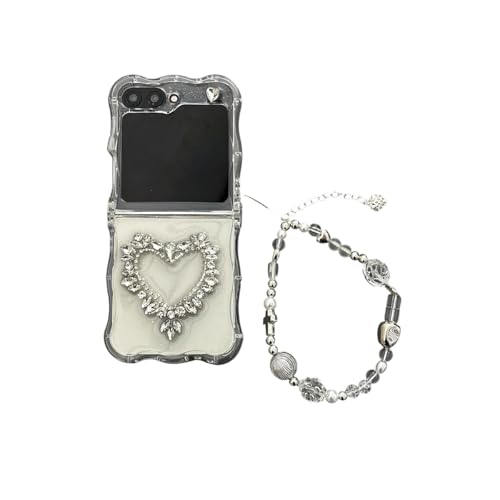 PLXBYC Schutzhülle für Samsung Galaxy Z Flip 6, niedlich, lustig, glänzend, Glitzer, Diamanten, Herzmuster, Galaxy Z Flip5, Handyhülle mit Armband für Mädchen, Damen, Frauen (B) von PLXBYC