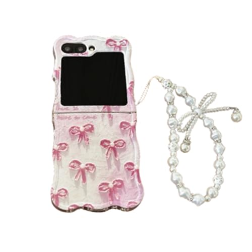 PLXBYC Schutzhülle für Samsung Galaxy Z Flip 6, niedliche Kawaii-Schleife, lockiger, gewellter Rahmen, Z6, Handyhülle mit Handgelenkkette für Damen, Mädchen, Frauen (mit Kette) von PLXBYC