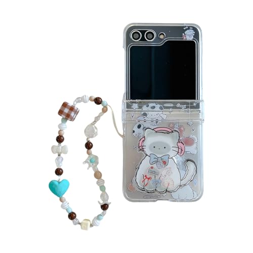 PLXBYC Schutzhülle für Samsung Galaxy Z Flip 6 mit Halterung, niedliches Cartoon-Tiermuster, Galaxy Z Flip5, Handyhülle mit Armband für Mädchen, Damen, Frauen (Z Flip 6, Katze) von PLXBYC