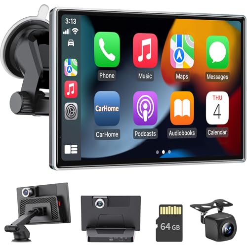 Wireless Apple Carplay & Android Auto Tragbares Autoradio mit Bildschirm, 7-Zoll IPS Touchscreen, Bluetooth, Mirrorlink, 64G SD Karte, Loop-Recording 2.5K Front-Kamera, Rückfahrkamera, Screen von PLZ