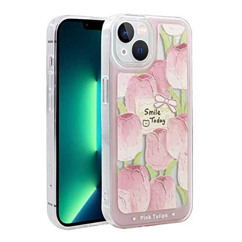PNATEE Hülle für iPhone 13 (6.1 inch), TPU Silikon Durchsichtig Weiches Dünne Schutzhülle Stoßfestes für Mädchen, mit Süßer Muster Bedruckt Transparent Handyhülle für iPhone 13, Rosa Ölgemälde Tulpe von PNATEE