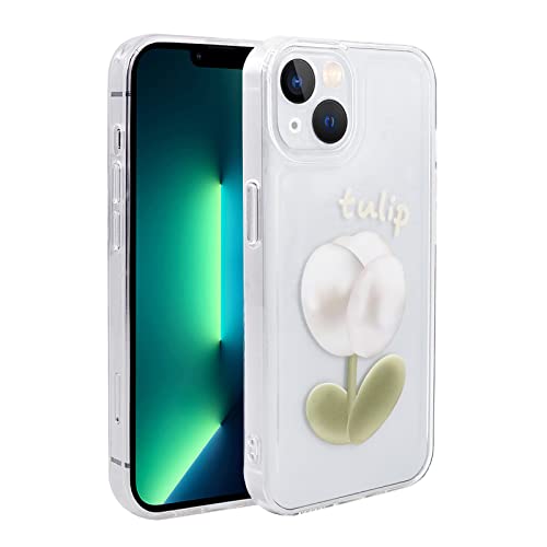PNATEE Hülle für iPhone 13 (6.1 inch), TPU Silikon Durchsichtig Weiches Dünne Schutzhülle Stoßfestes für Mädchen, mit Süßer Muster Bedruckt Transparent Handyhülle für iPhone 13, Weiße Blumen von PNATEE