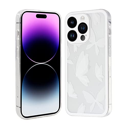 PNATEE Hülle für iPhone 14 Pro 2022 (6.1 Inch), TPU Slim Süße Blumen Mädchen Handyhülle Transparent Hülle, Kratzfeste Stoßfeste Schutzhülle für iPhone 14 Pro, Weiße Schmetterlinge-1 von PNATEE