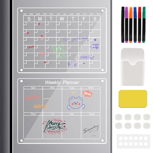 2 Stück Wochenplaner Abwischbar,Magnetischer Kalender Kühlschrank,Monatsplaner Abwischbar,Acryl Kalender für Kühlschrank Mit 6 Dry Erase Marker (40x30cm) von PNGOS