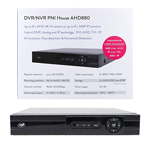 NVR Überwachungssystem Rekorder PNI House AHD880, 8 analoge Kanäle 4K-N oder 8 IP-Kanäle 5MP, H265+, Audio-Eingang, Audio-Ausgang, USB 2.0, 2 x SATA max 8TB von PNI