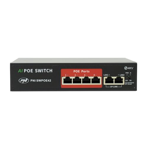 PNI Switch POE SWPOE42, 4 POE 100 Mbit/s-Ports und 2 UP Link 100 Mbit/s-Ports, 65 W, AI Extend-Funktion bis zu 250 m, 4 kV-Blitzschutz von PNI
