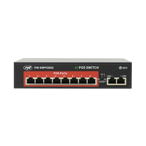 PNI Switch POE SWPOE82, 8 POE 100 Mbit/s-Ports und 2 UP Link 100 Mbit/s-Ports, 120 W, AI Extend-Funktion bis zu 250 m, 4 kV-Blitzschutz von PNI