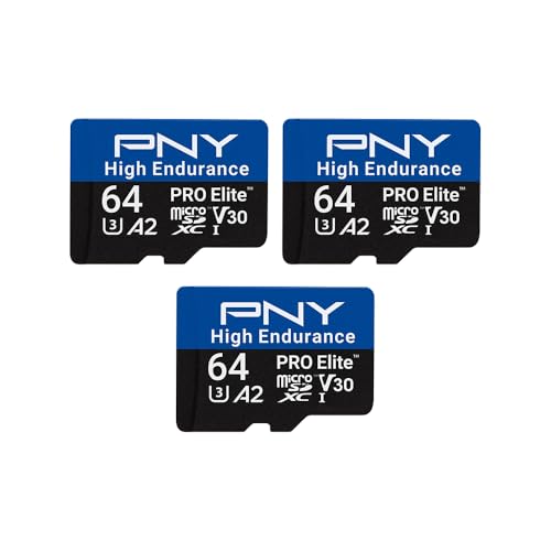 PNY 64 GB PRO Elite™ High Endurance C10 U3 V30 A2 microSDXC Flash-Speicherkarte – bis zu 100 MB/s Lesen, 4K UHD, Full HD, UHS-I, Überwachung, Haussicherheit, kontinuierliche Aufnahme, Dashcam von PNY