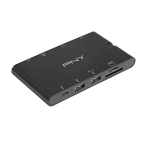 PNY All-In-One USB-C Mini Docking Station mit integriertem USB-C-Kabel mit 2xUSB-C, 2xUSB-A 3.1, 1xHDMI, 1xVGA, 1xRJ45, 1x SD und microSD-Anschlüssen, Schwarz, A-2UF-2TC-K01-RB von PNY