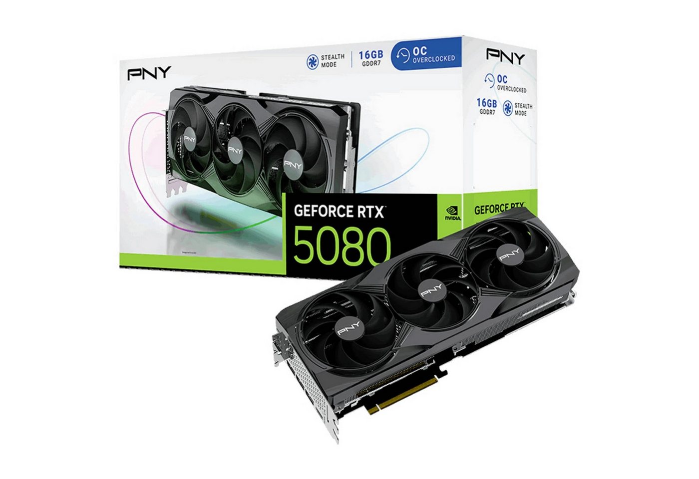 PNY GeForce RTX 5080 OC – 16GB GDDR7, 4K-Gaming, PCIe 5.0, Triple-Fan Grafikkarte (16 GB, GDDR7, HDMI 2.1, DP 2.1, DLSS 4.0, High-End-GPU Overclocked) von PNY