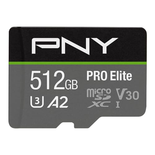 PNY PRO Elite 512GB microSDHC-Speicherkarte + SD-Adapter, 100MB/s Lesegeschwindigkeit, 90MB/s Schreibgeschwindigkeit, Klasse 10 UHS-I, U3, A2 App Performance, V30 für 4K-Video von PNY