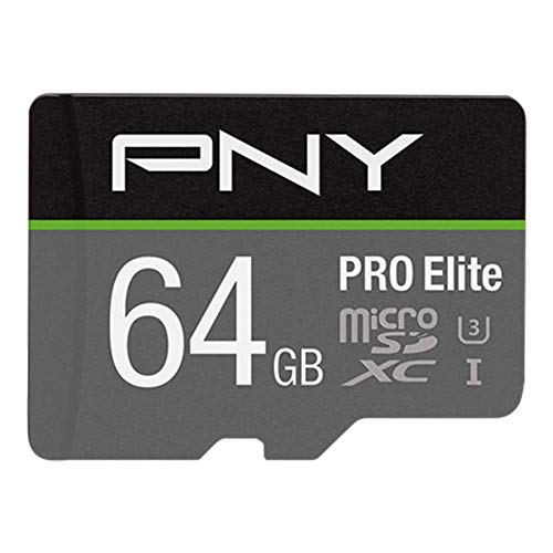 PNY PRO Elite 64GB microSDHC-Speicherkarte + SD-Adapter, 100MB/s Lesegeschwindigkeit, 90MB/s Schreibgeschwindigkeit, Klasse 10 UHS-I, U3, A1 App Performance, V30 für 4K-Video, Schwarz, Grau von PNY
