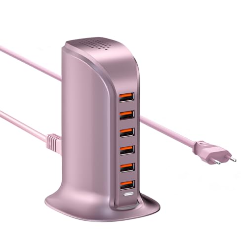 POANES USB Ladegerät 6 Port 50W Multi USB Tower Ladestation Mehrere Geräte für iPhone 15/14/14 Pro/14 Pro Max/13 Pro/13 Pro Max/Android/Samsung/Tablet usw. Pink von POANES