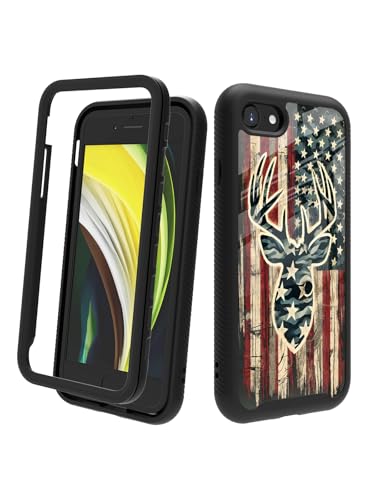 POCOOA Kompatibel mit iPhone SE 2022/2020 (3./2. Generation), iPhone 8/7, stoßfeste, robuste, doppellagige Schutzhülle für Damen und Herren, Camouflage-Hirsch, amerikanische Flagge 113 von POCOOA