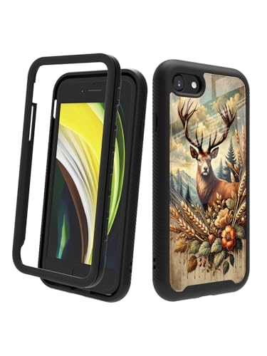 POCOOA Kompatibel mit iPhone SE 2022/2020 (3./2. Generation), iPhone 8/7, stoßfeste, robuste, doppellagige Schutzhülle für Damen und Herren, Hirschblumen, Berge 094 von POCOOA